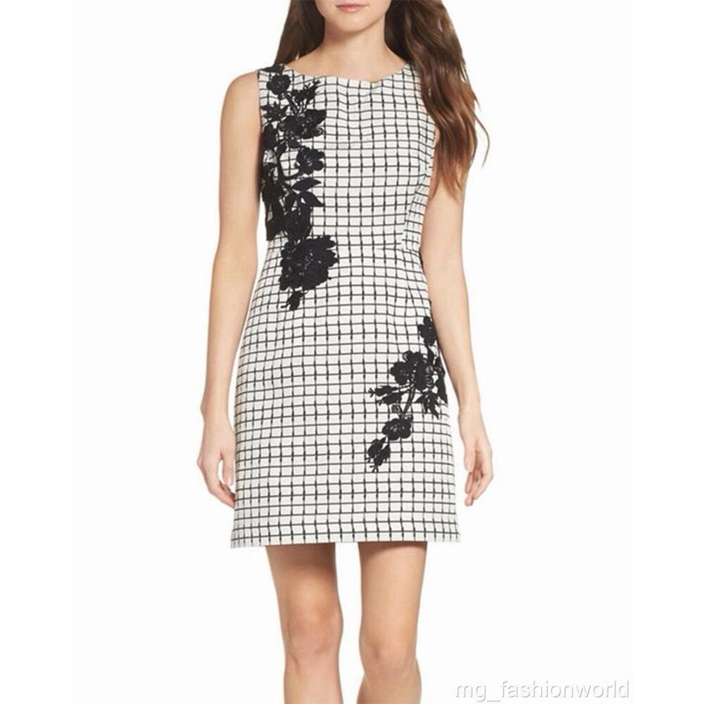 Betsey Johnson Dress 6 Black White Windowpane Floral Lace Applique Sheath Lady